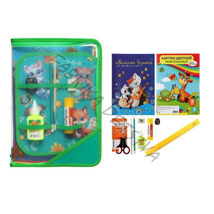 Папка для труда А4, 325x230x25 мм, молния вокруг, откидная планка, пластиковая, ПТР-1 «Зверята», с наполнением 10 предметов