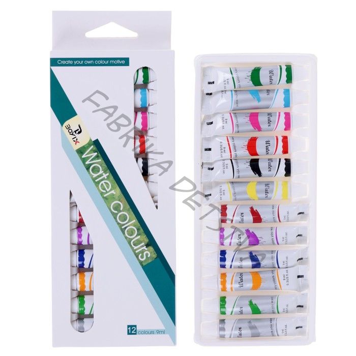 Краски акварельные, 12 цветов, в пластиковой тубе, 9 мл, в картонной коробке