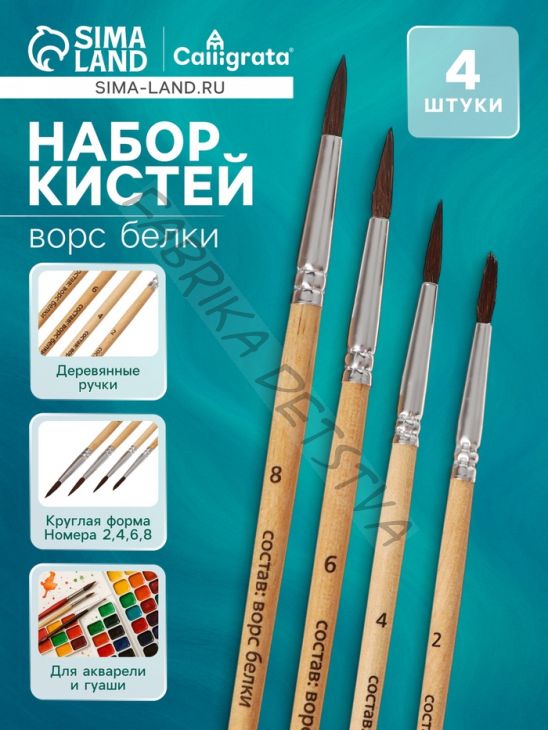Набор кистей для рисования, белка, 4 штуки: № 2, 4, 6, 8, Calligrata, круглые, деревянная ручка, международный размер