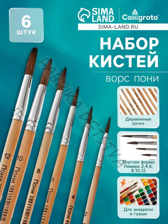 Набор кистей для рисования, пони, 6 штук: № 2, 4, 6, 8, 10, 12, круглые, деревянная ручка, международный размер