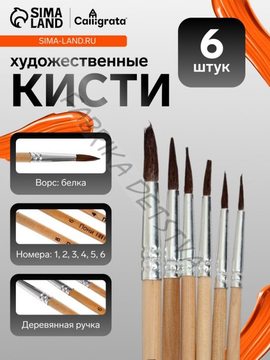 Набор кистей для рисования, белка, 6 штук: № 1, 2, 3, 4, 5, 6, круглые, деревянная ручка, международный размер
