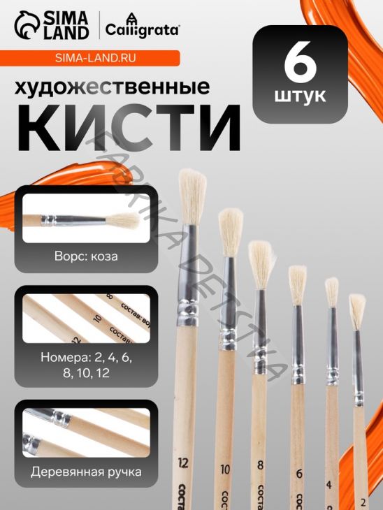 Набор кистей для рисования, коза, 6 штук: № 2, 4, 6, 8, 10, 12, круглые, деревянная ручка, международный размер