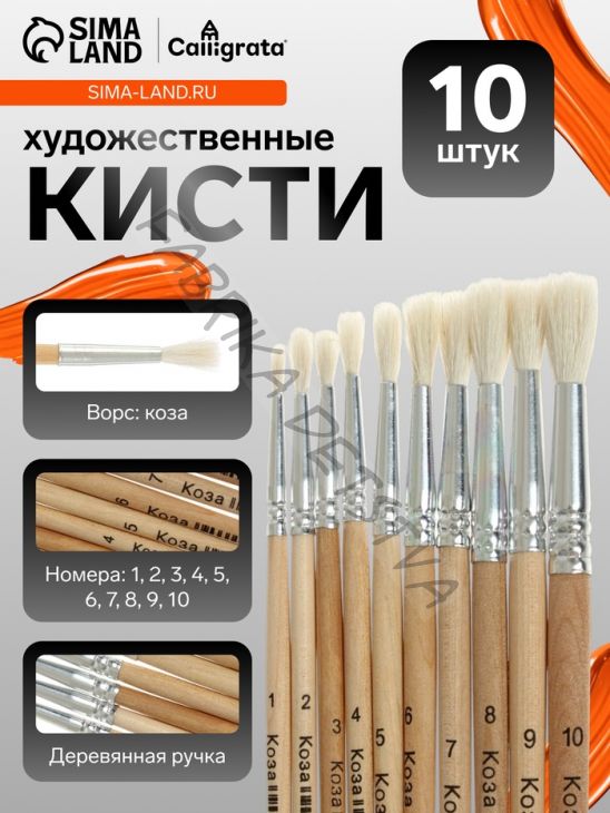 Набор кистей для рисования, коза, 10 штук: № 1, 2, 3, 4, 5, 6, 7, 8, 9, 10, круглые, деревянная ручка, международный размер