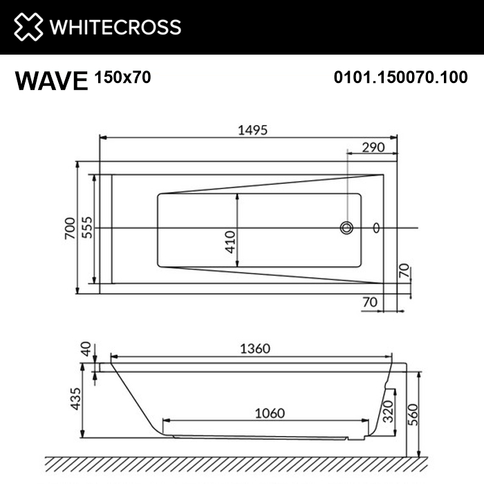 Прямоугольная акриловая  ванна WHITECROSS Wave 150x70 схема 19