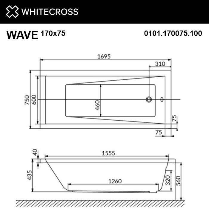 Акриловая ванна WHITECROSS Wave 170x75 с аэромассажем ФОТО