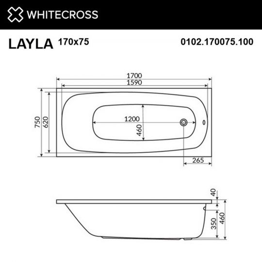 Акриловая пристенная ванна WHITECROSS Layla 170x75 схема 14