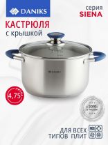 Кастрюля нержавеющая сталь, 4.75 л, крышка стекло, Daniks, Сиена, SD-A93-22, индукция