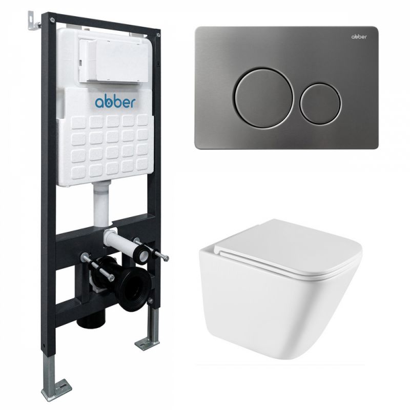 Комплект подвесной унитаз ABBER Rechteck AC1219TC белый, AC1219TC-AC0105-AC0121NG никель