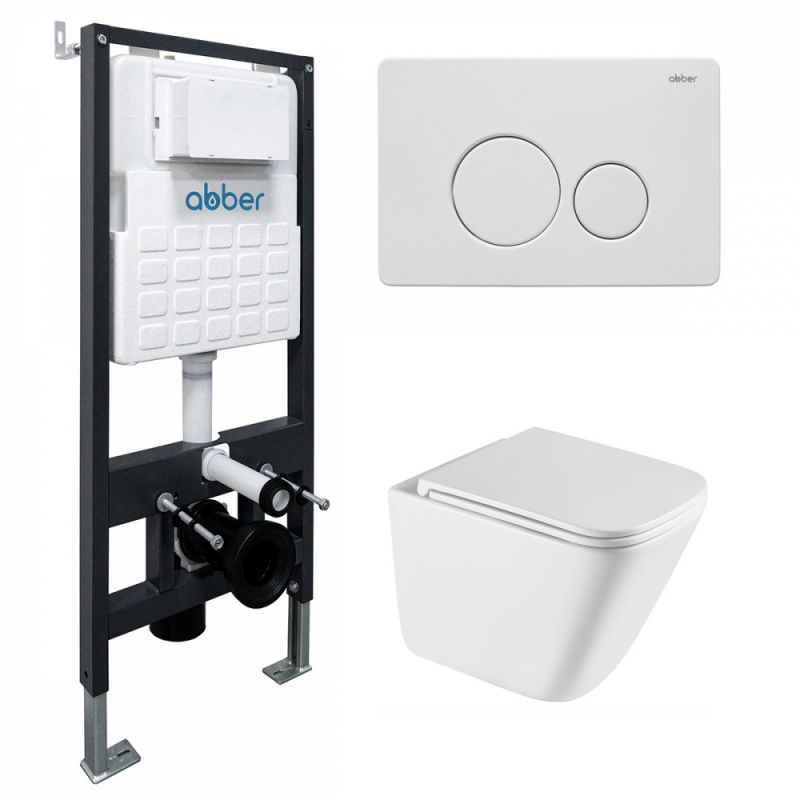 Комплект подвесной унитаз ABBER Rechteck AC1219TC белый, AC1219TC-AC0105-AC0121MW белая матовая