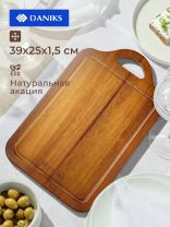 Доска разделочная акация, 39х25х1.5 см, с ручкой, прямоугольная, Daniks, CB14539A