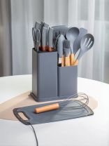 Набор кухонных принадлежностей 19 предметов, силикон, бамбук, подставка с доской, серый, Daniks, Y4-9558