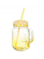 Банка для напитков/смузи стекло, 450 мл, с крышкой, с трубочкой, SDFG0114-2, желтая
