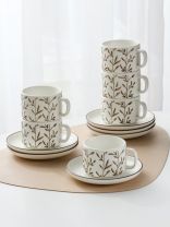 Набор чайный керамика, 12 предметов, на 6 персон, 220 мл, молочный, Веточки, B060505