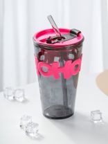 Стакан 450 мл, стекло, Пинк, с трубочкой, B060521