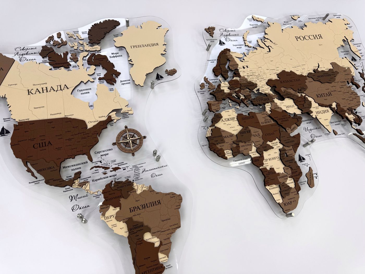 Цвет "Бухарест", ПРОБКОВАЯ МНОГОУРОВНЕВАЯ карта мира на подложке из орг. стекла