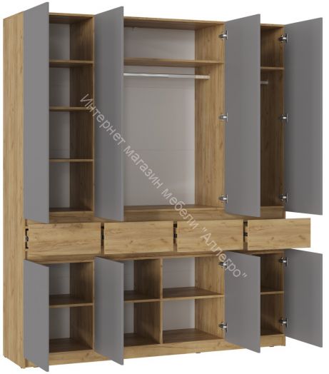 Шкаф 4-х створчатый ШК-004 "Бостон" Дуб крафт золотой/Шифер серый