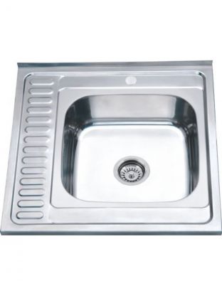 Мойка кухонная накладная, РМС, нержавеющая сталь, 600х600 мм, 0.6 мм, правый + сифон, MG6-6060R