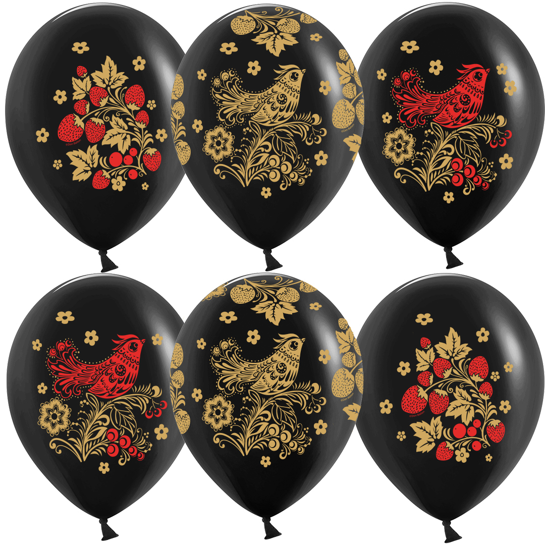 Красно-золотой народный узор на чёрном шар латексный с гелием