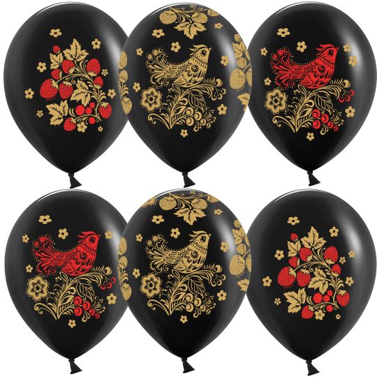 Красно-золотой народный узор на чёрном шар латексный с гелием