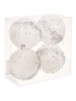 Елочный шар 4 шт, белый, 8 см, пластик, с серебряным декором, SYKCQA-012045