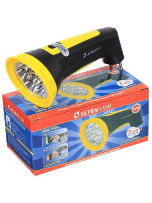 Фонарь ручной, встроенный аккумулятор, Ultraflash, 3807M, зарядка от сети 220 В, пластик, черно-желтый, 12868