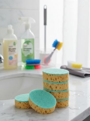 Губка для посуды, 5 шт, поролон, абразивная фибра, 9.5х6.5х3 см, Марья Искусница, бежевый/бирюза