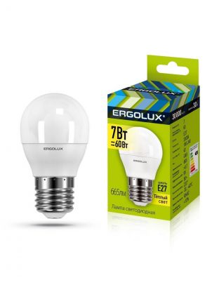 Лампа светодиодная E27, 7 Вт, 60 Вт, 220 В, шар, 3000 К, теплый белый свет, Ergolux, 12143