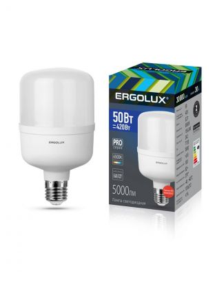 Лампа светодиодная E27-E40, 50 Вт, 420 Вт, 150-240 В, цилиндрическая, 6500 К, холодный белый свет, Ergolux, LED-HW-50 PRO