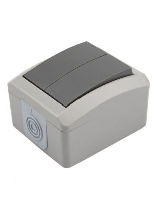 Выключатель открытой установки, двухклавишный, 10 А, 220-250 В, пластик, IP54, серый, Kranz, INDUSTRIAL, KR-78-0609