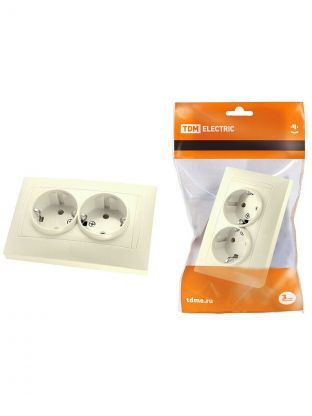 Розетка скрытой установки, 2 гнезда, с заземлением, 16 А, 250 В, с защитными шторками, слоновая кость, TDM Electric, Лама, SQ1815-0113