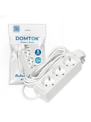 Удлинитель бытовой 3 гнезда, 5 м, ПВС, 3х0.75 мм2, с заземлением, 10 А, 2200 Вт, Domtok, 2376