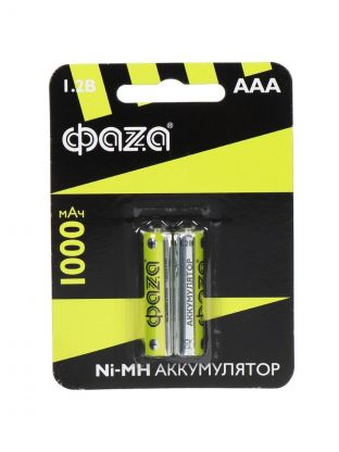 Батарея аккумуляторная 1000 мА·ч, Ni-Mh, 1.2 В, ААА (LR03, R3), 2 шт, в блистере, ФАZА, 5002913