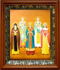 Икона Василий, Харлампий, Акилина и Иннокентий Пензенский в киоте с басмой Виноградная Лоза (UV-печать)(30167)