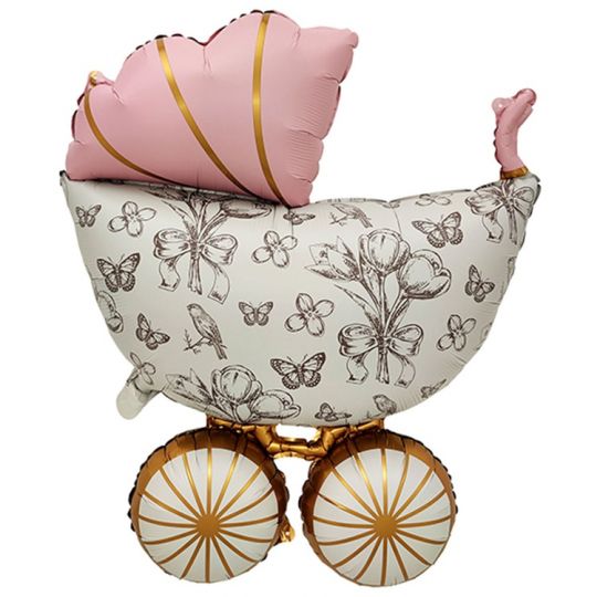 Коляска розовая ретро шар фигурный фольгированный с гелием