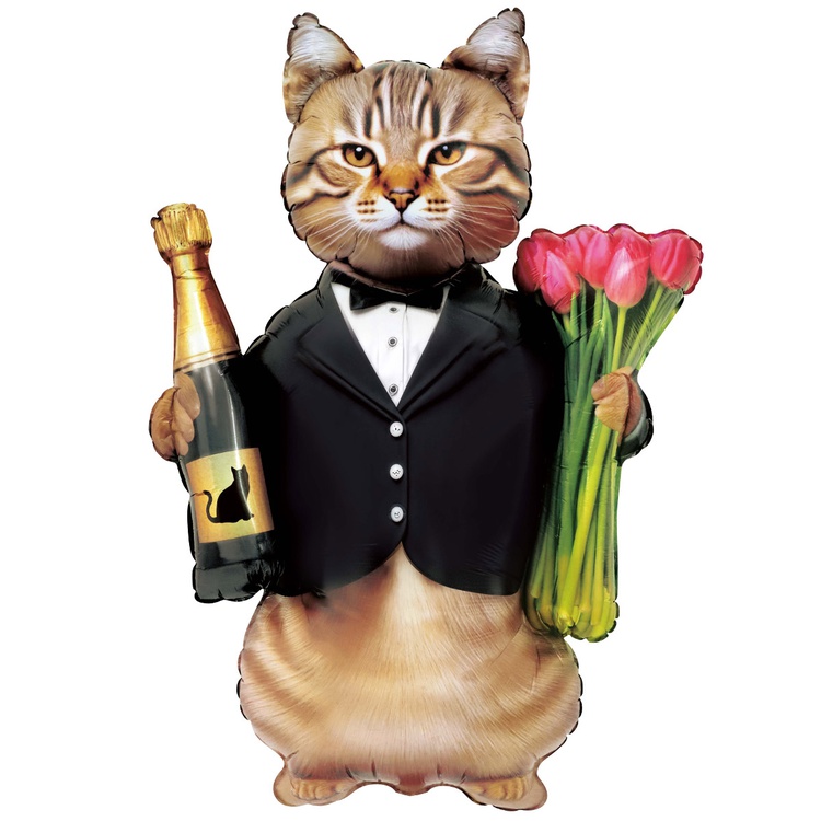 Кот с букетом и шампанским шар фигурный фольгированный с гелием