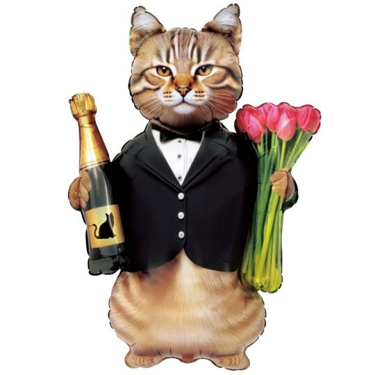 Кот с букетом и шампанским шар фигурный фольгированный с гелием