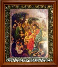 Икона Иисус Христос и дети в киоте с басмой Виноградная Лоза (UV-печать)(30425)