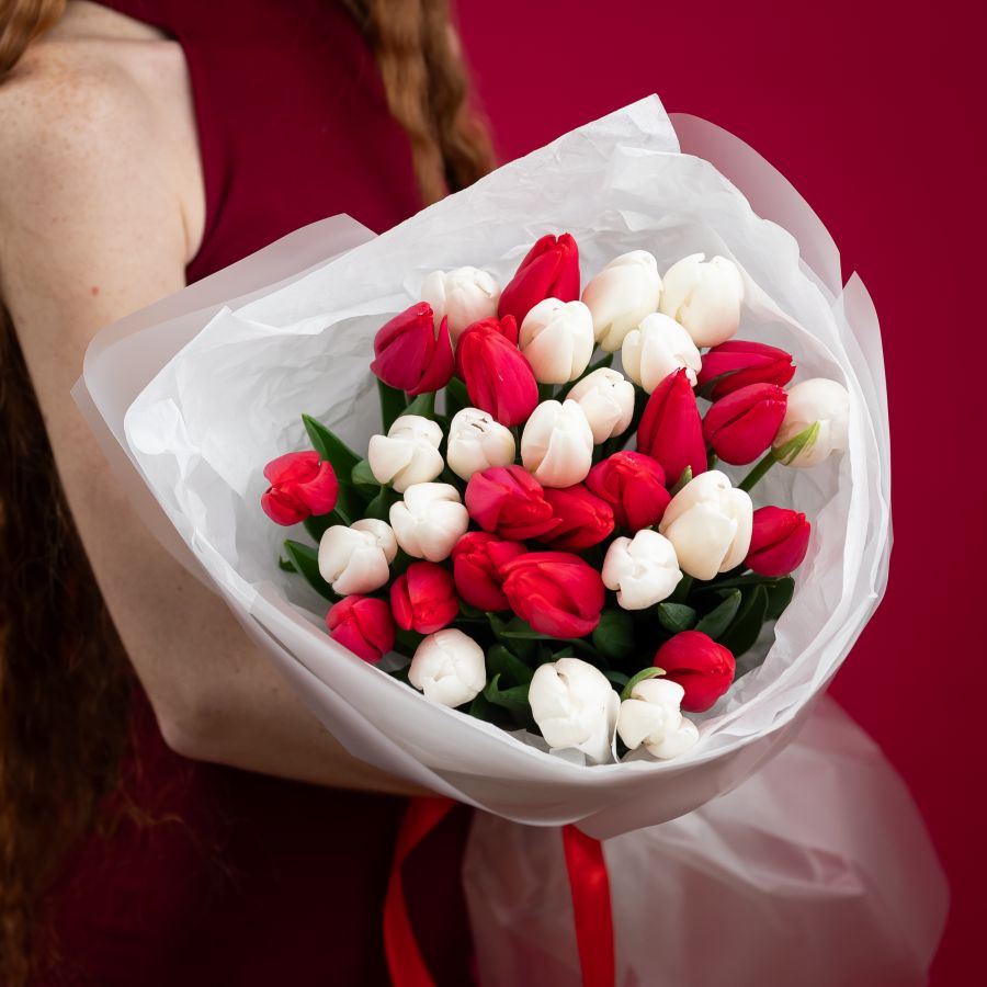 Красные и белые тюльпаны 35 штук