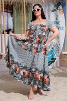 9257 Платье женское [тропические листья+хаки полоса]
