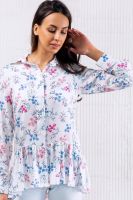 Блузка с длинным рукавом и баской 320WHT [белый/цветы]