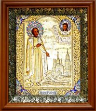 Икона Михаил Тверской в киоте с басмой Виноградная Лоза (UV-печать)(30628)