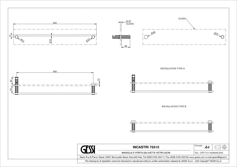 Полотенцедержатель Gessi Incastri 75515 65 см для крепления на стекло ФОТО