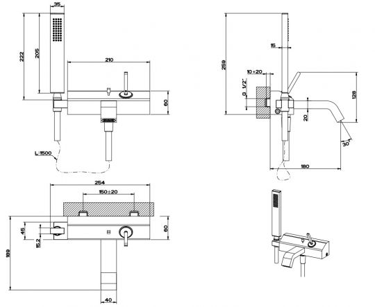 Смеситель для ванны и душа Gessi Rettangolo XL 26119 схема 2