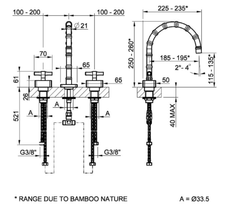 Смеситель для раковины Gessi Jacqueline 77213 с низким изливом и Т-образным вентилем под дерево на 3 отверстия ФОТО