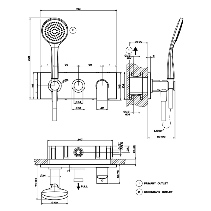 Смеситель скрытого монтажа для душа Gessi Emporio Via manzoni на 2 позиции с переключателем 44901 ФОТО