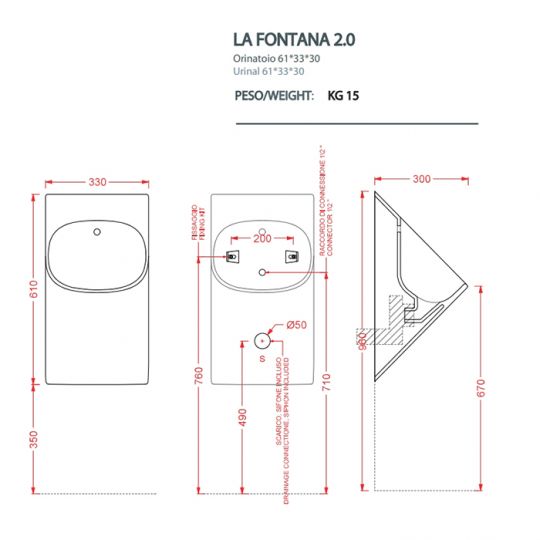 Писсуар подвесной Artceram La Fontana 330x310 мм LFO002 схема 2
