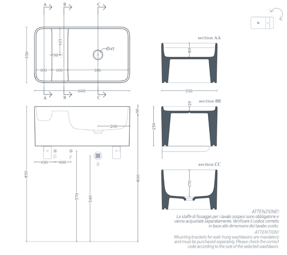 Прямоугольная раковина Artceram Brooklyn BNL004 60x35 см ФОТО