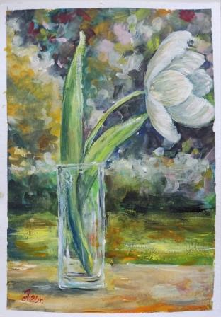 Акварель "Тюльпан в стакане" гуашь