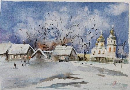 Акварель "Рождество в деревне"