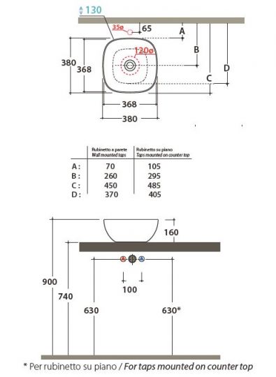 Накладная раковина Globo T-Edge B6Q38 38 х 38 схема 2